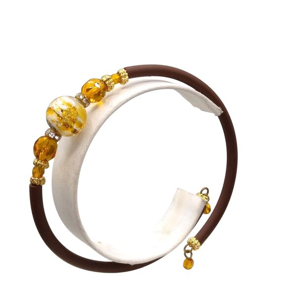Murano Art Glass Silicone Bracelet, Elegant Brown Orange and Gold, Crystal Accen - Picture 3 of 5